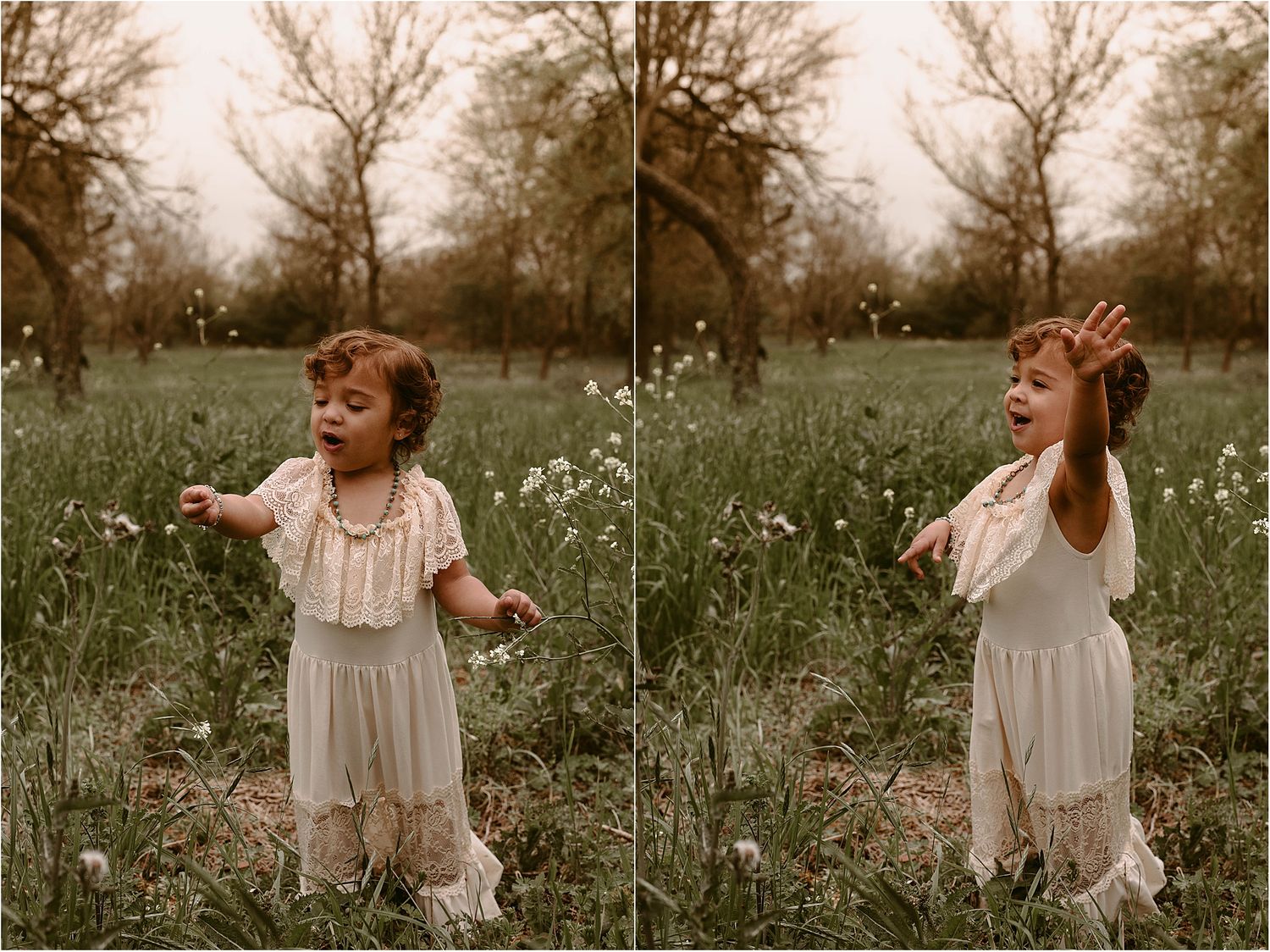 Child in vintage white dress twirling playfully in a field of wildflowers at sunset.