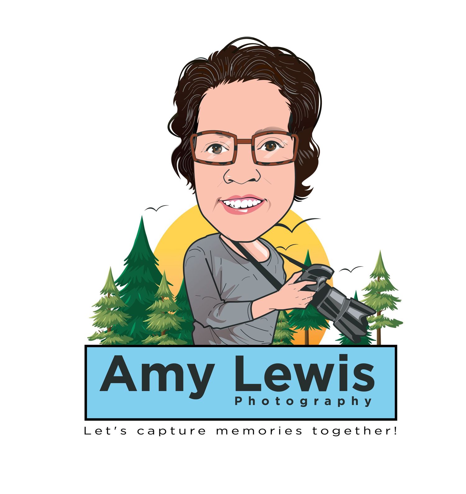 A cartoon logo featuring a photographer with a camera surrounded by pine trees and a yellow sun circle.