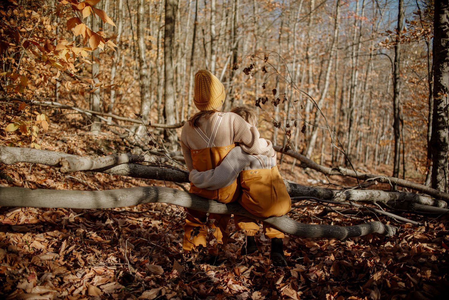 Person in gray sweater and yellow overalls exploring autumn forest floor.