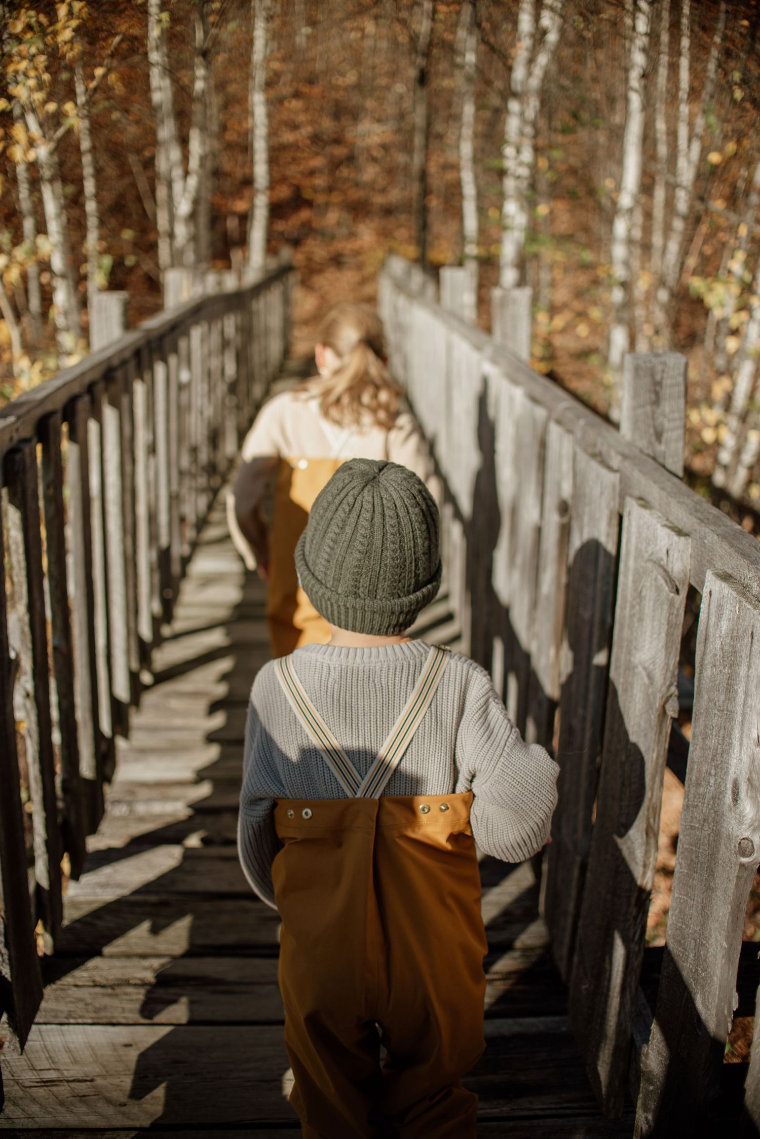 Person walking on wooden boardwalk through autumn birch forest wearing knit hat and brown overalls.