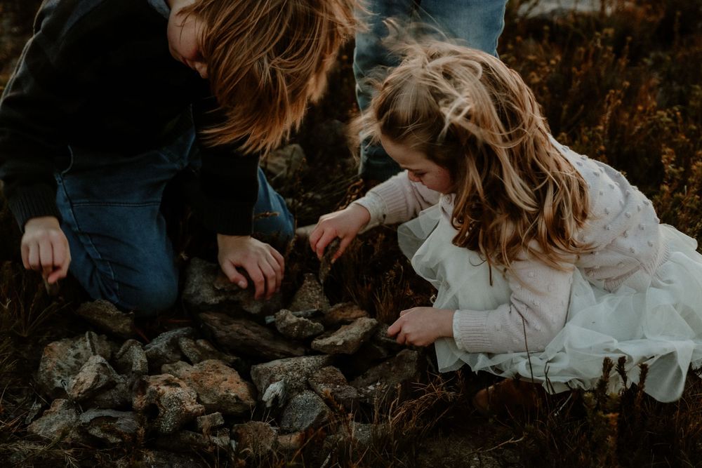 Candid outdoor lifestyle photography sequence showing playful moments in warm sunset lighting.