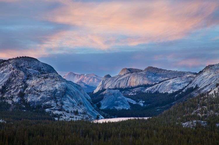 Tenaya Lake, Yosemite National Park, California, Sunset clouds over lake mountains