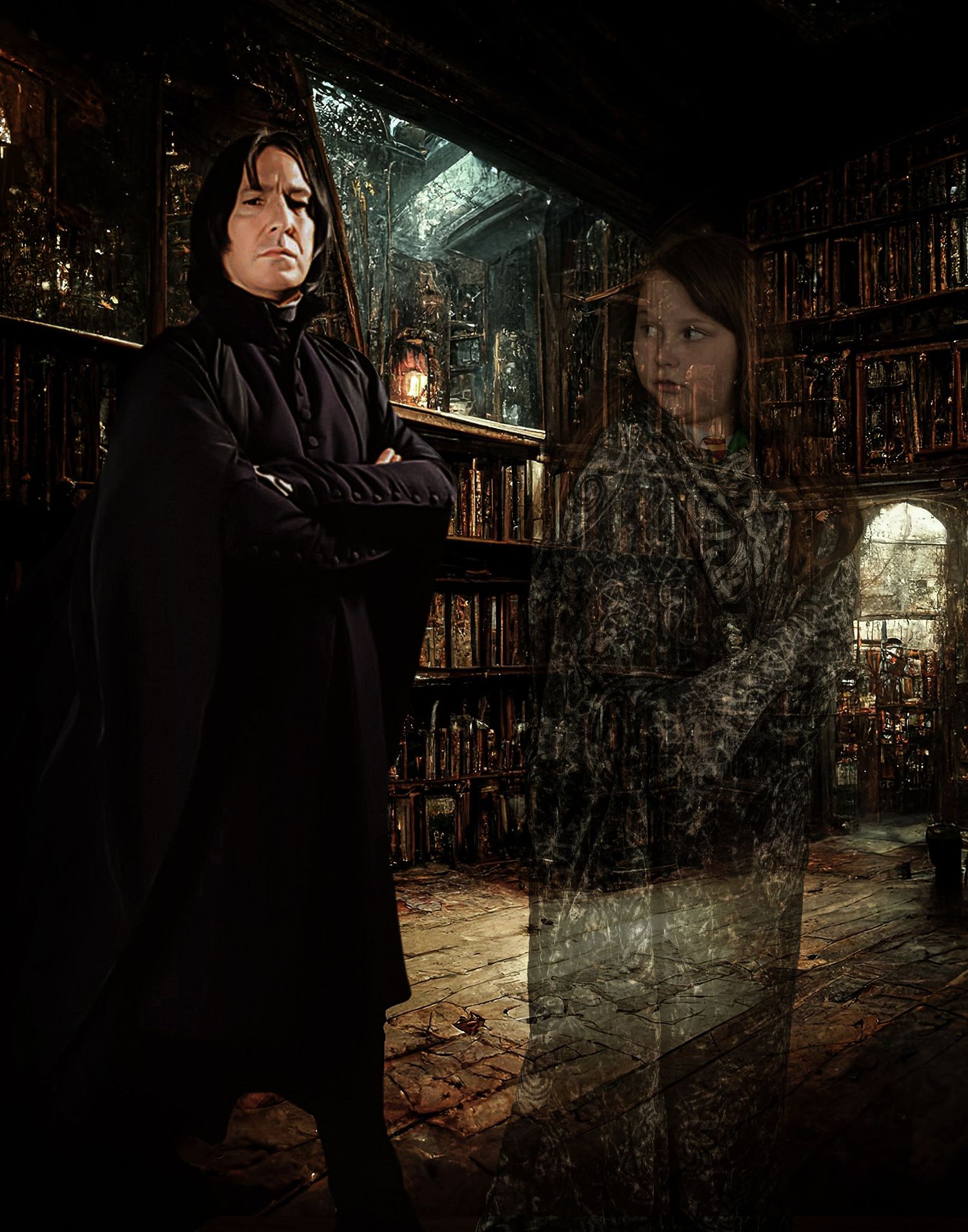 A moody portrait in dark robes with ghostly reflections in a magical library setting.