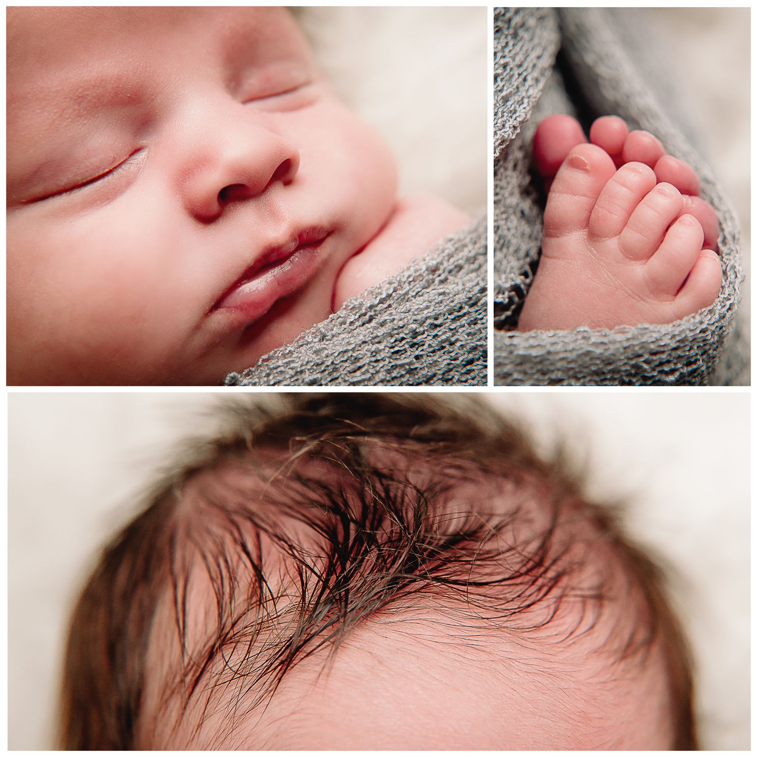 collage of close up images of baby's lips, toes and dark brown hair