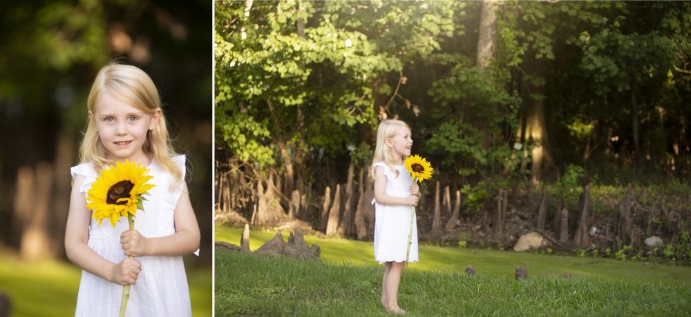 Summer portraits with sunflower in garden setting.