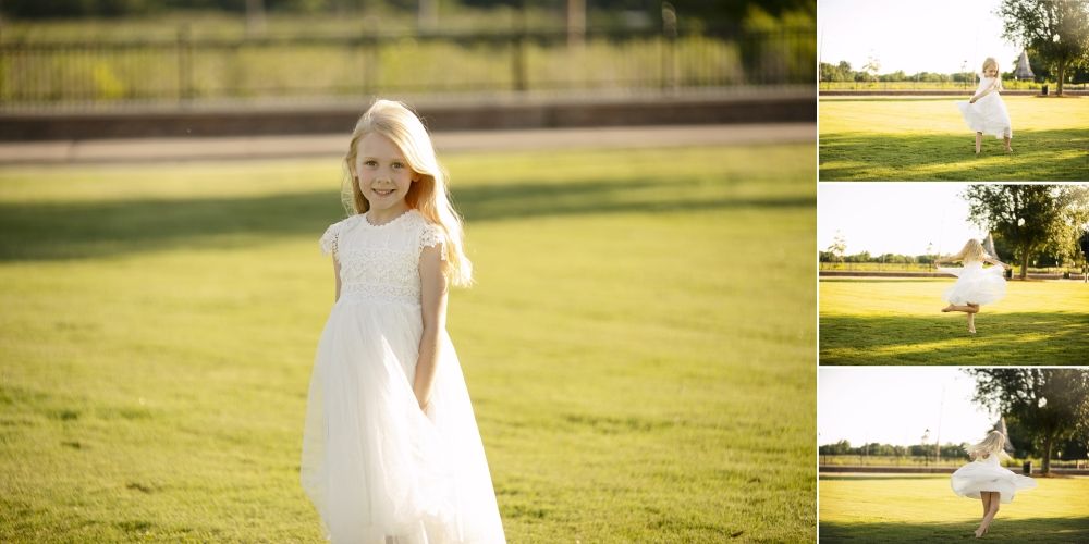 Series of dreamy portraits showing white dress flowing in sunlit field.