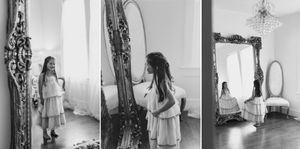 Three black and white photos showing a person in a white dress standing near an ornate mirror in an empty room.