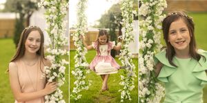 Three portraits with spring blossoms and flowering arch in garden setting.