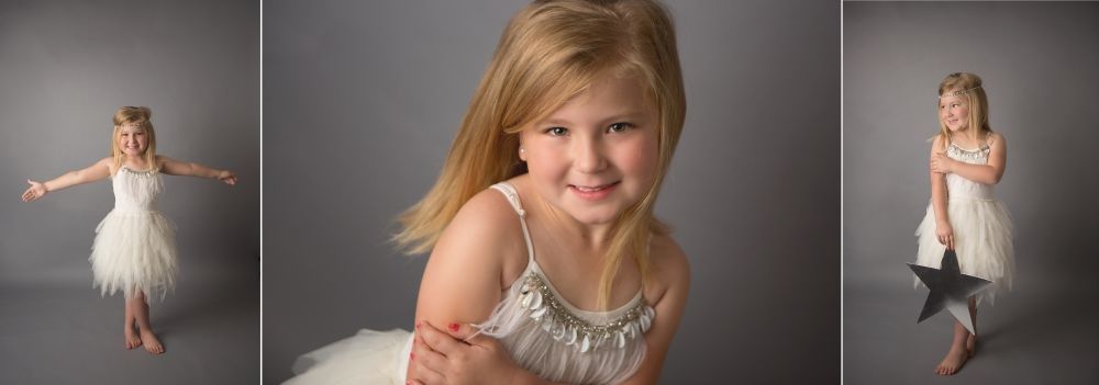 Three-panel portrait series with white dress against gray studio background.