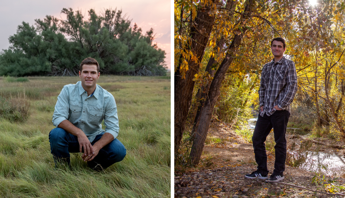 Side-by-side outdoor portraits showing casual poses in natural settings during different seasons.