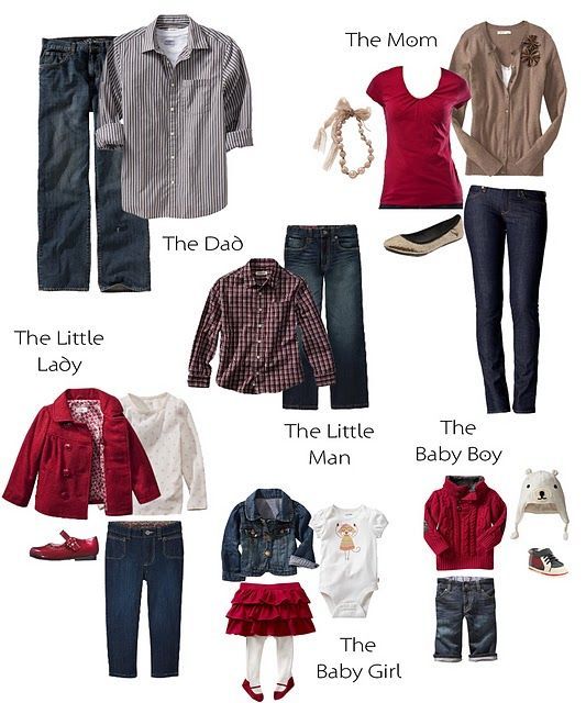 Coordinated family outfit layout showing different casual clothing styles for mom, dad, and children.