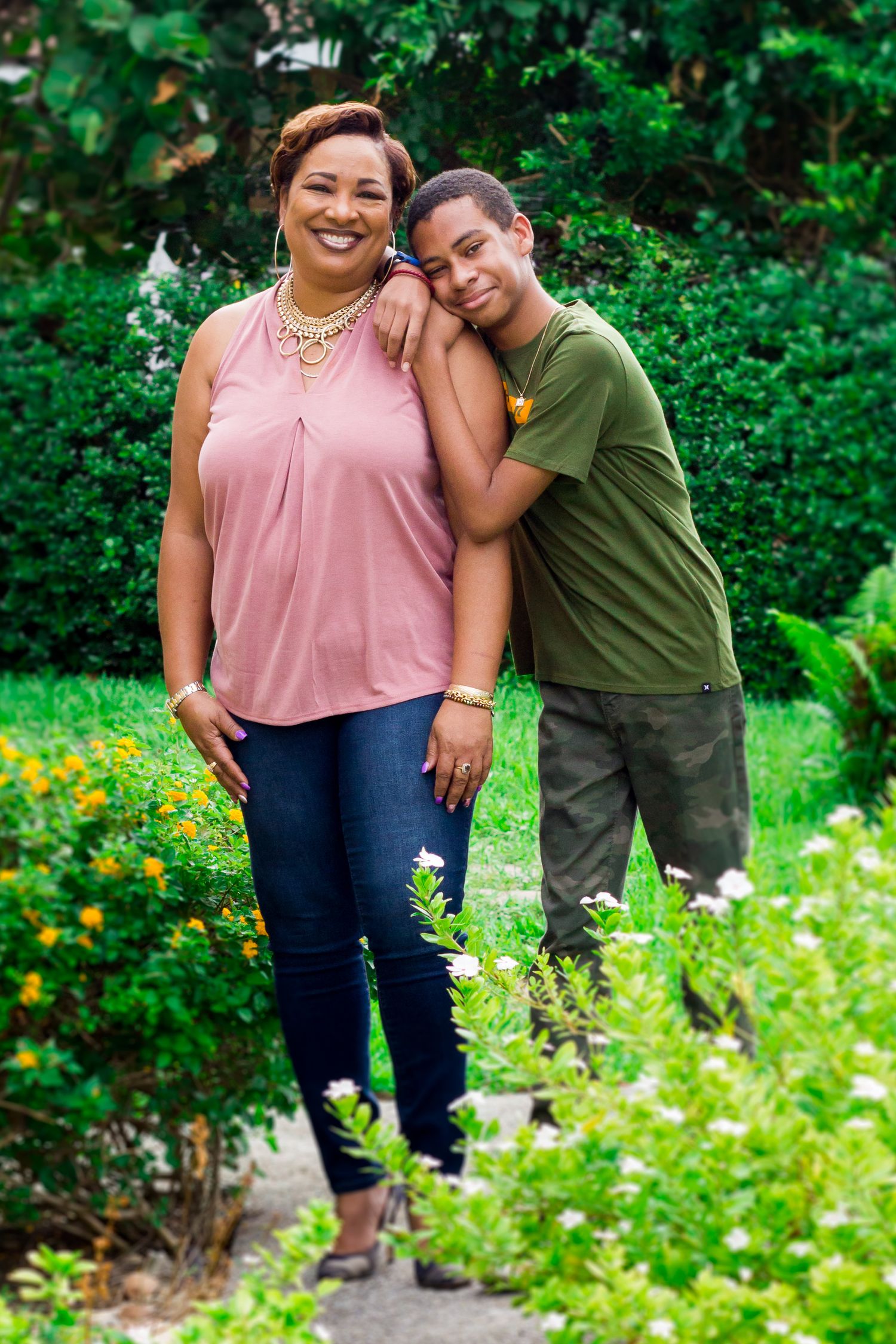 mother and son in garden, nassau bahamas photographer, K. Yolanda Turnquest Photography