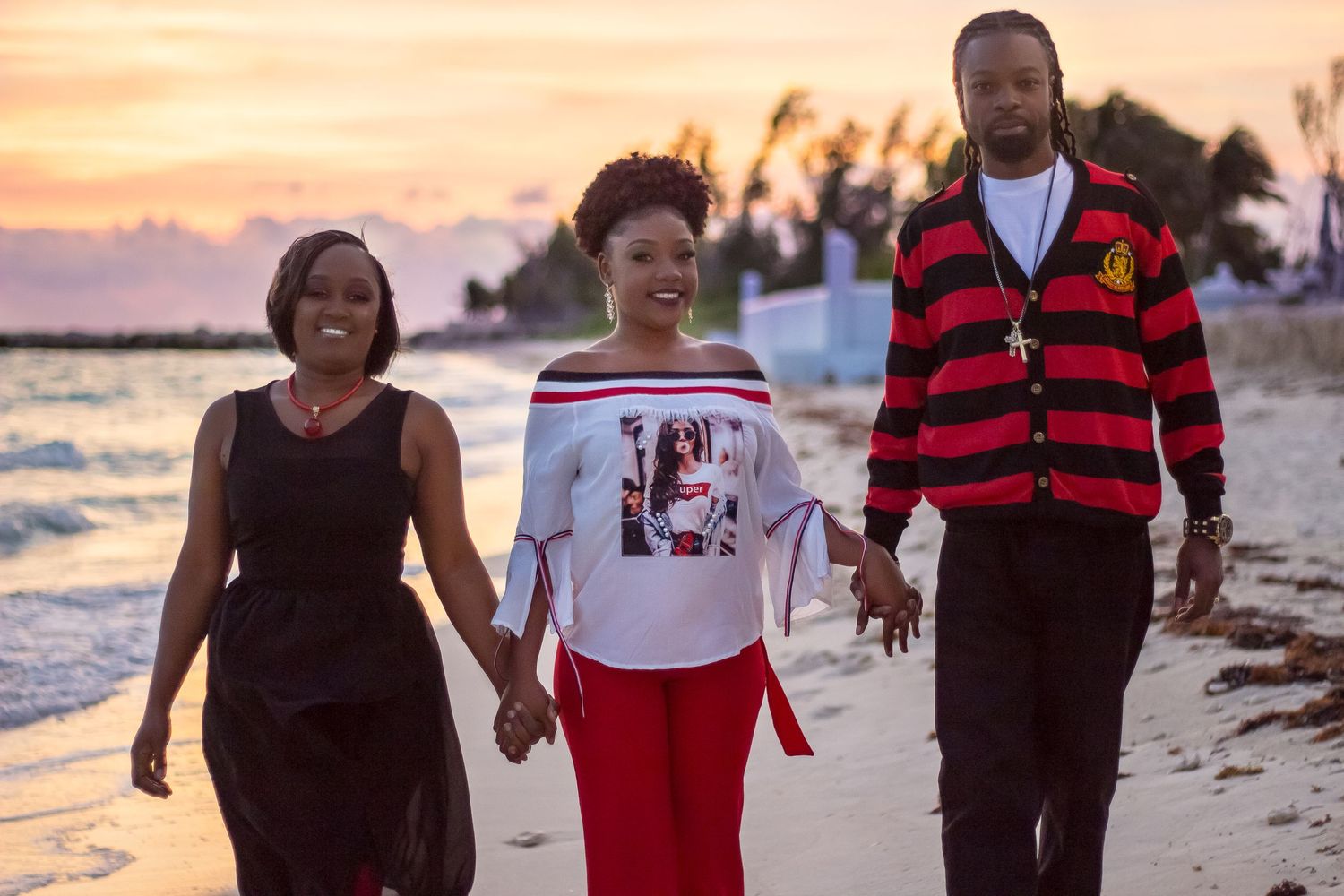 Black family of 3 on beach sunset, nassau bahamas photographer, K. Yolanda Turnquest Photography