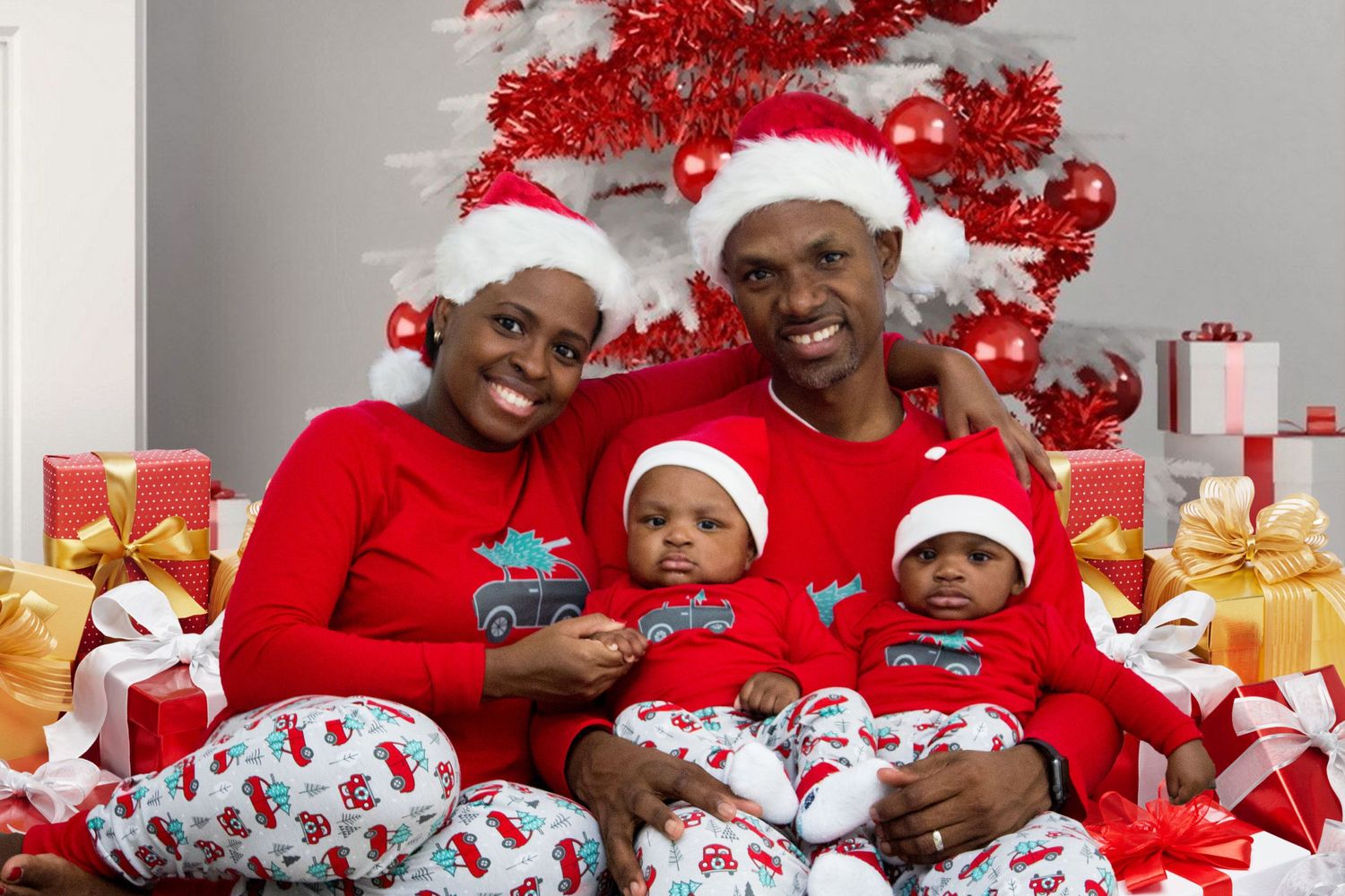 black family of four twin boys at christmas, nassau bahamas photographer, K. Yolanda Turnquest Photography