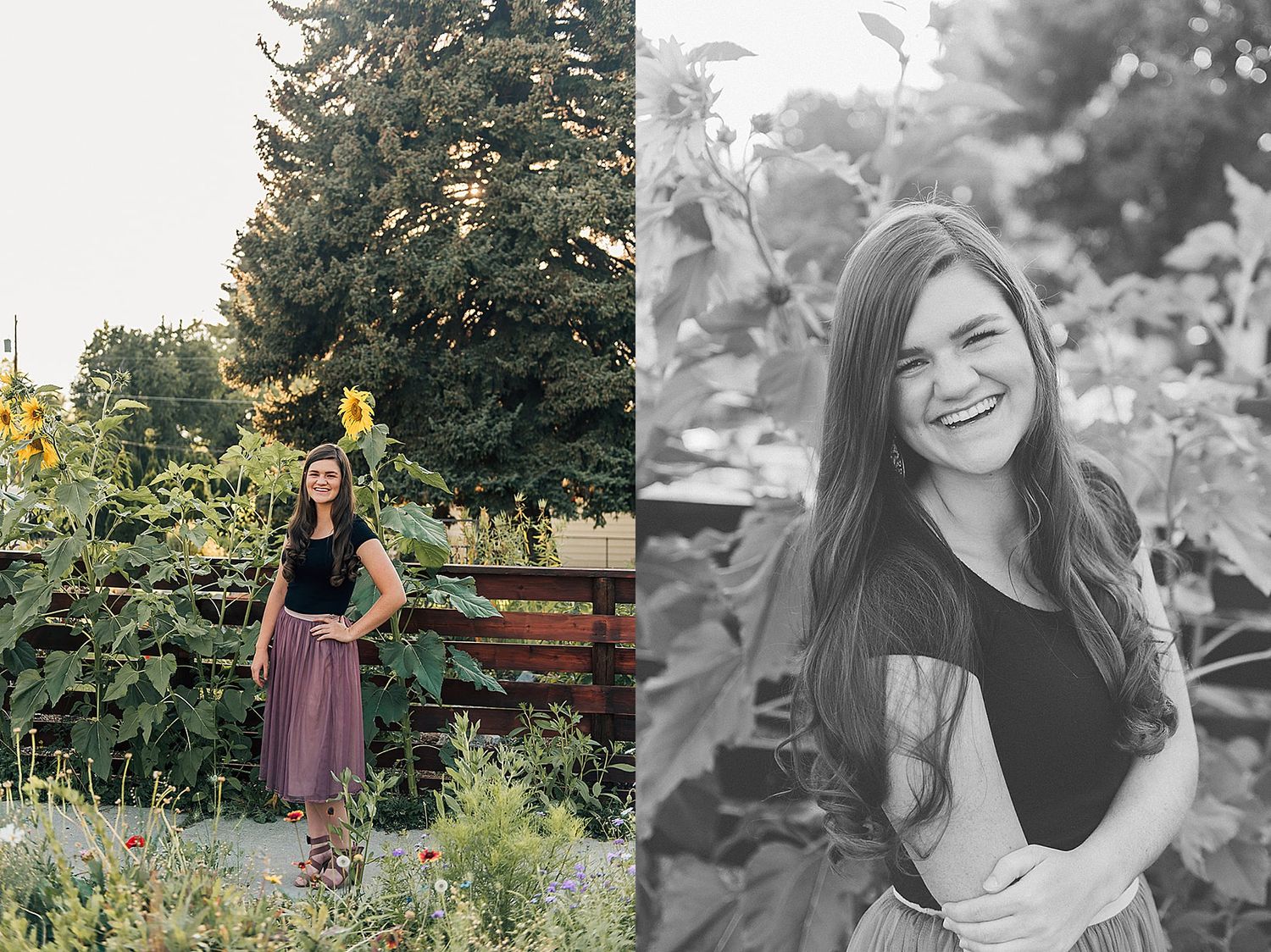 A floral garden setting with tall sunflowers and evergreen trees creates a natural outdoor portrait backdrop.