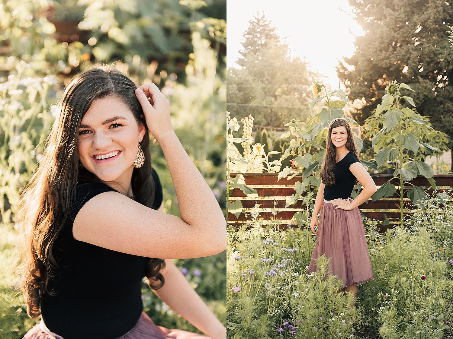 Summer garden portrait session featuring sunflowers and rustic wooden fencing at golden hour.