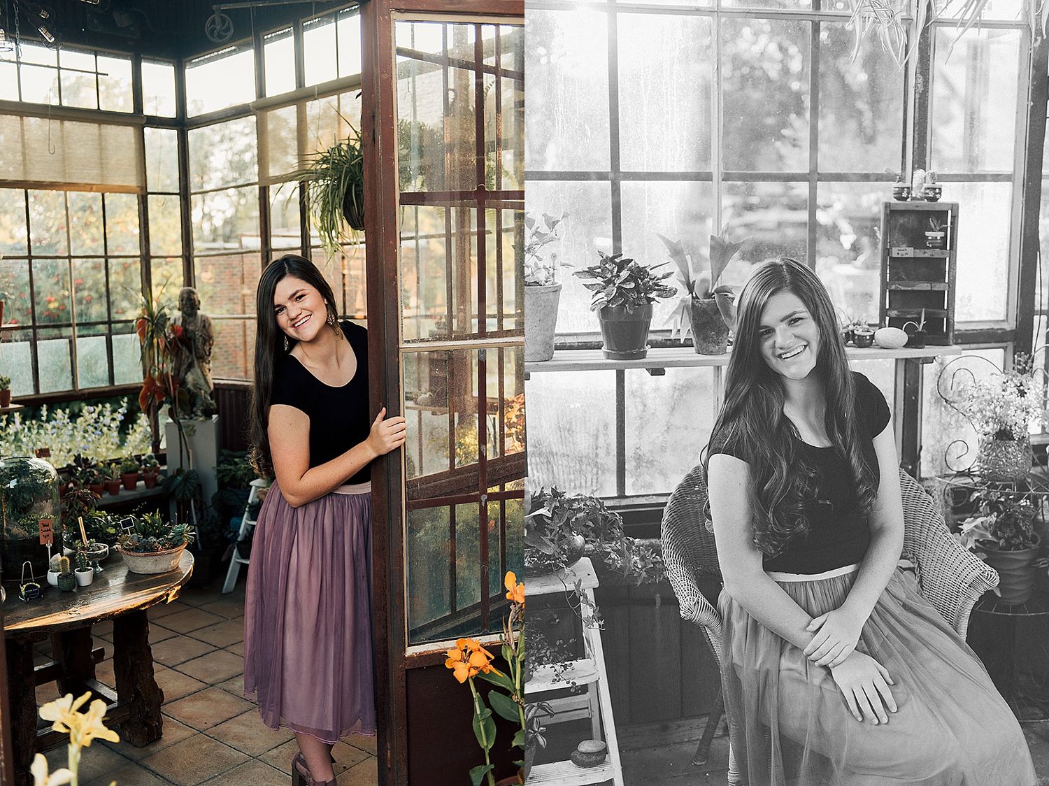 Indoor-outdoor portraits in a sunlit greenhouse filled with plants and large windows.