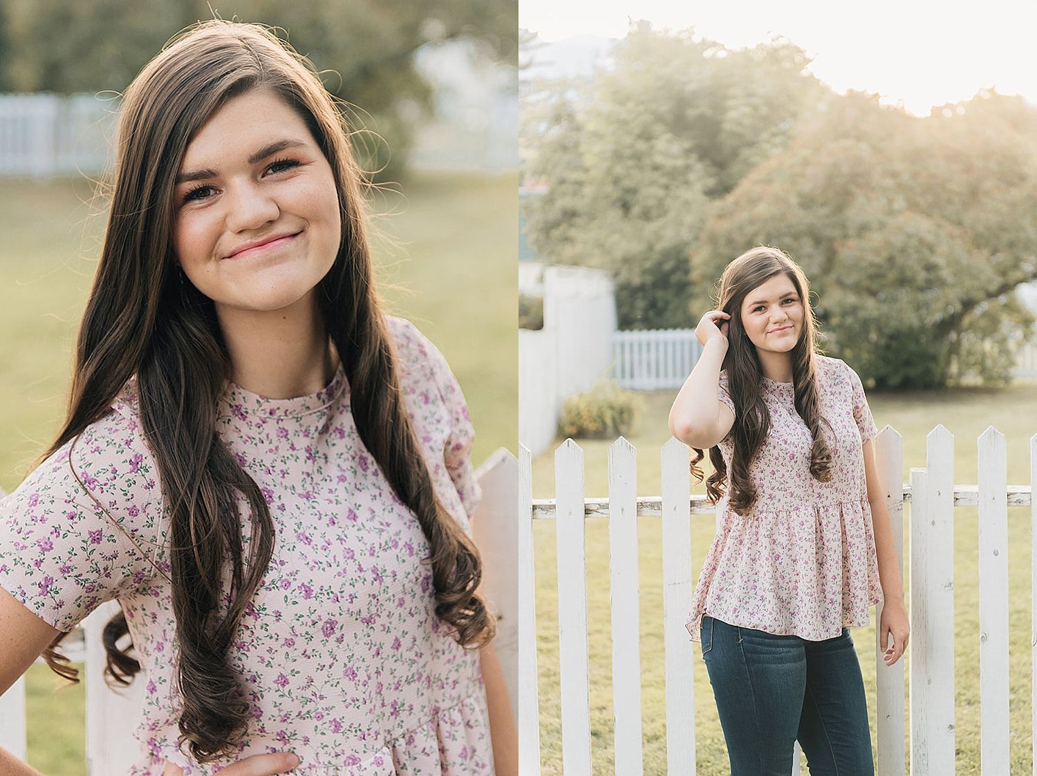 Outdoor portrait session featuring floral prints and white picket fence during golden hour.