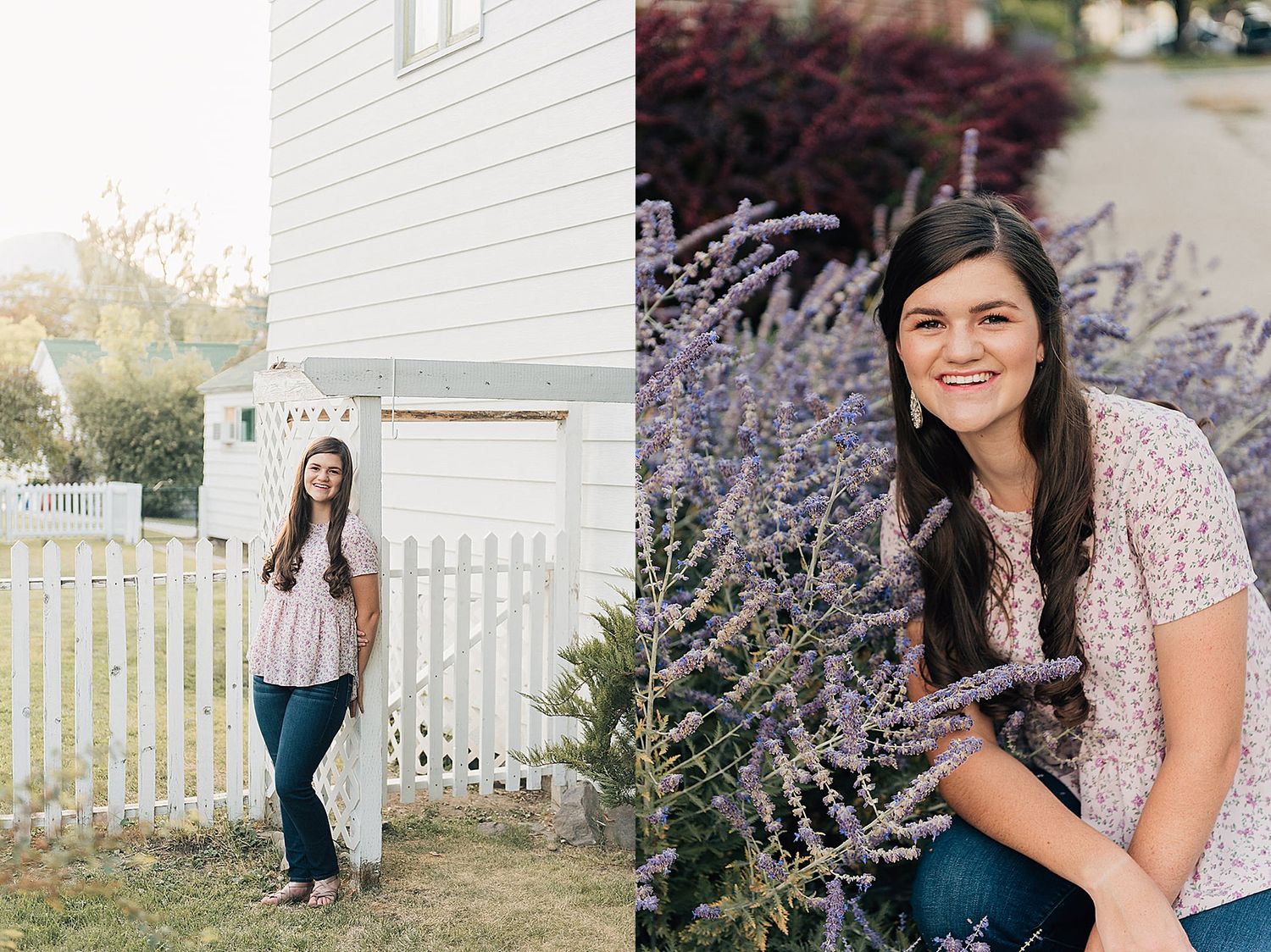 Garden portraits with white picket fence and blooming purple Russian sage flowers.
