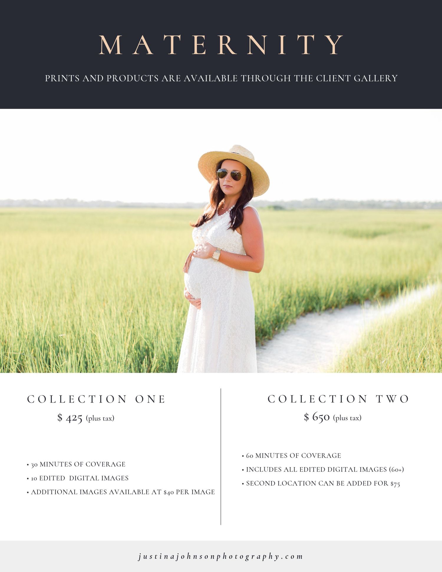 A maternity photography pricing guide featuring an expecting parent in a white dress standing in a sunlit grassy field.
