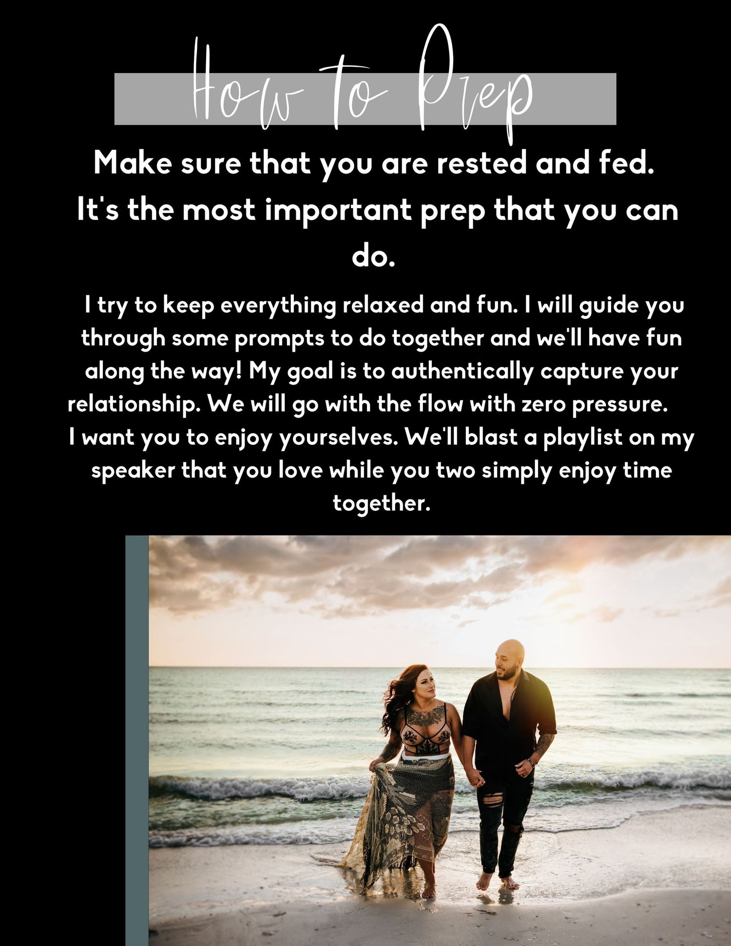 Couples photography prep guide with tips on staying relaxed and fed before a session.