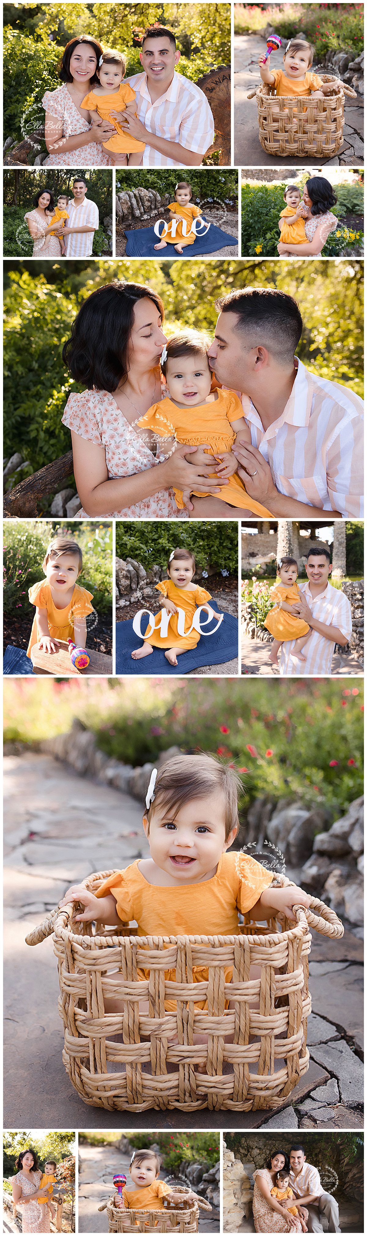 First birthday photo session with baby in orange outfit and rustic outdoor setting.