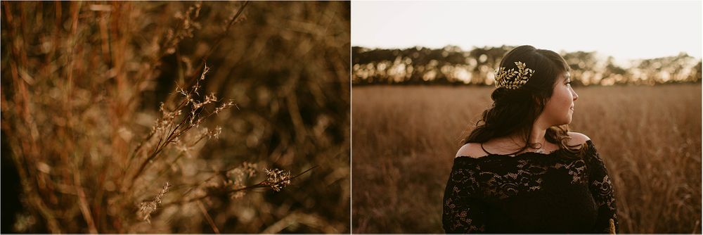 Artistic diptych featuring dried plants and a person in black lace against a sunset backdrop.