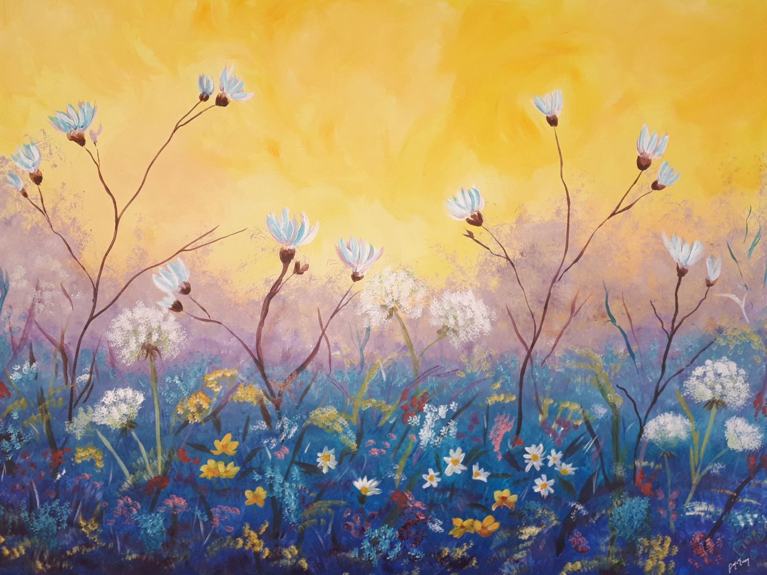 Whimsical painting of wildflowers against a yellow and blue gradient background.