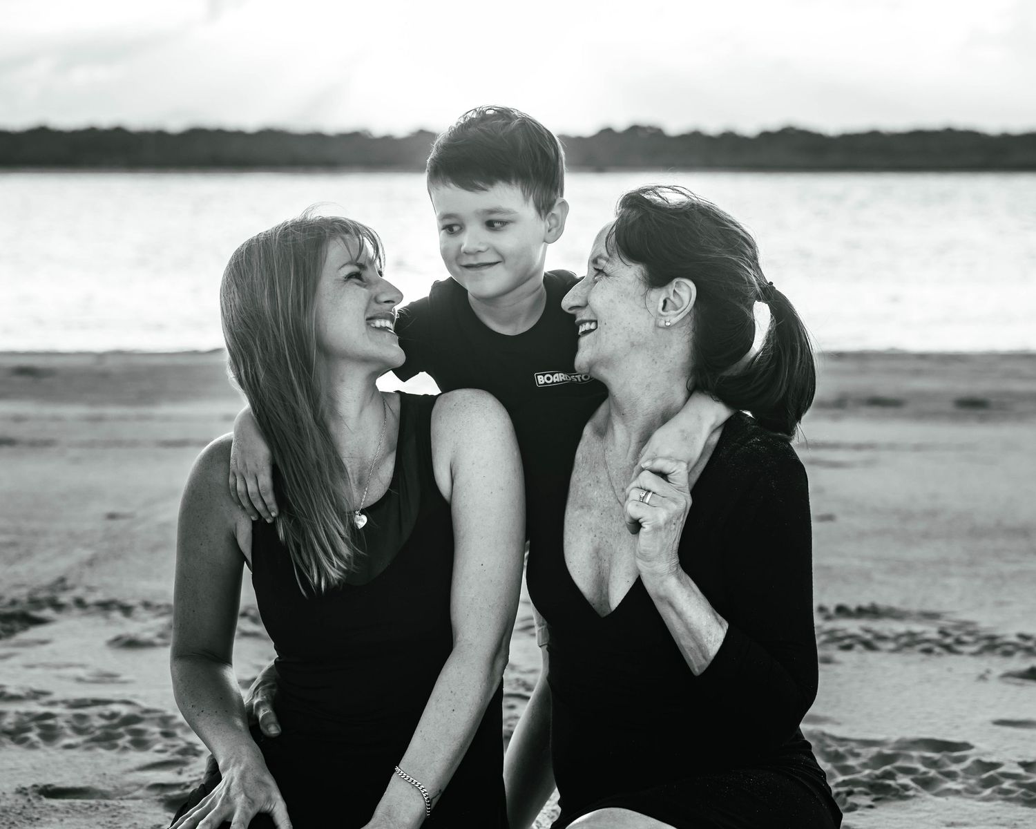 Family Portrait Black and white image 3 people on Noosa beach