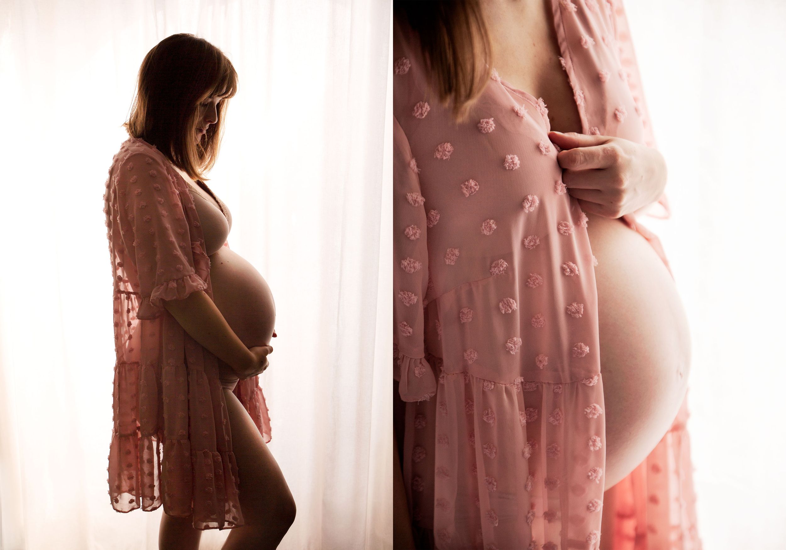 In-home maternity photography of a woman silhouetted against a white window
