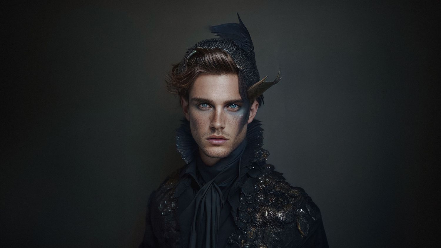 Gothic portrait with navy blue Victorian-style collar and dramatic lighting.