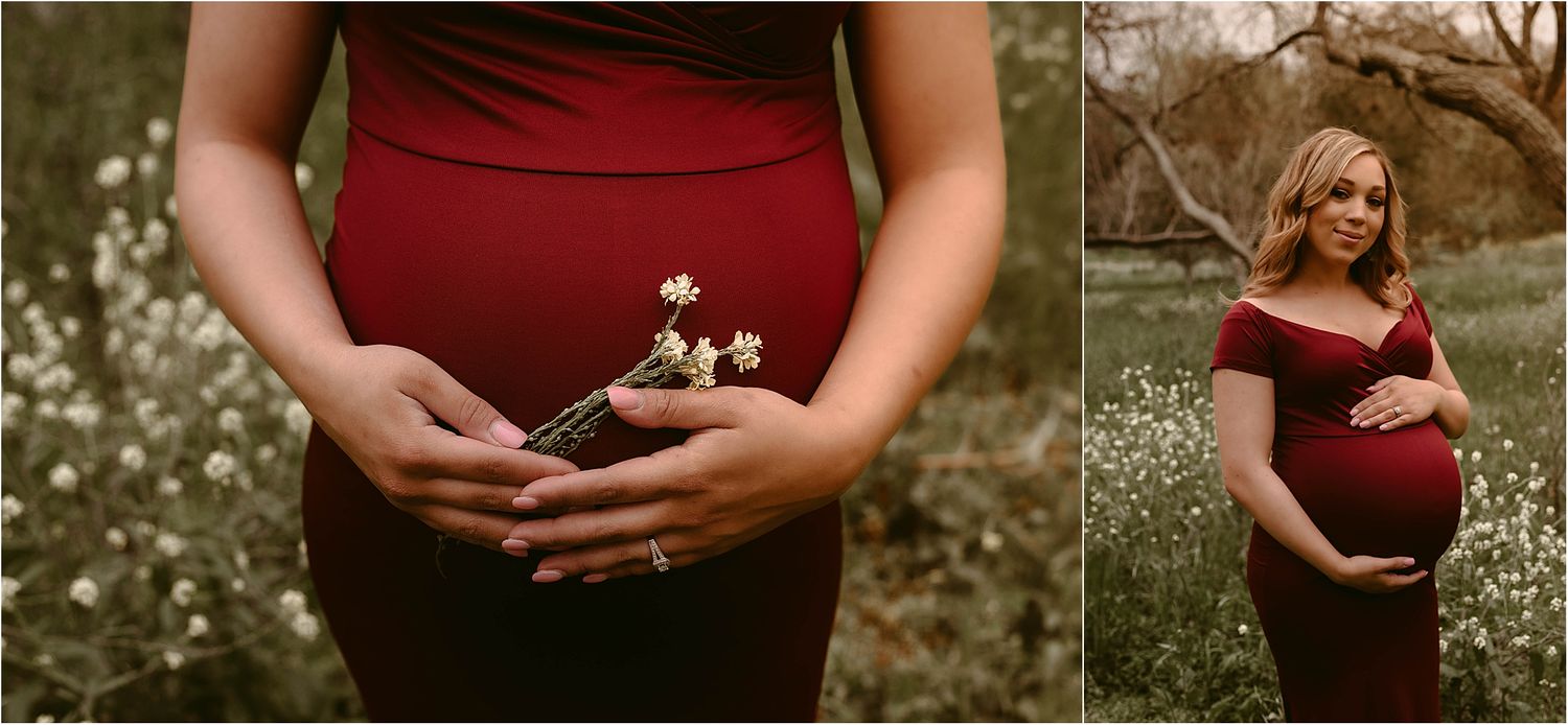 Maternity photos showing closeup of pregnant belly and full-length portrait in a burgundy dress outdoors.