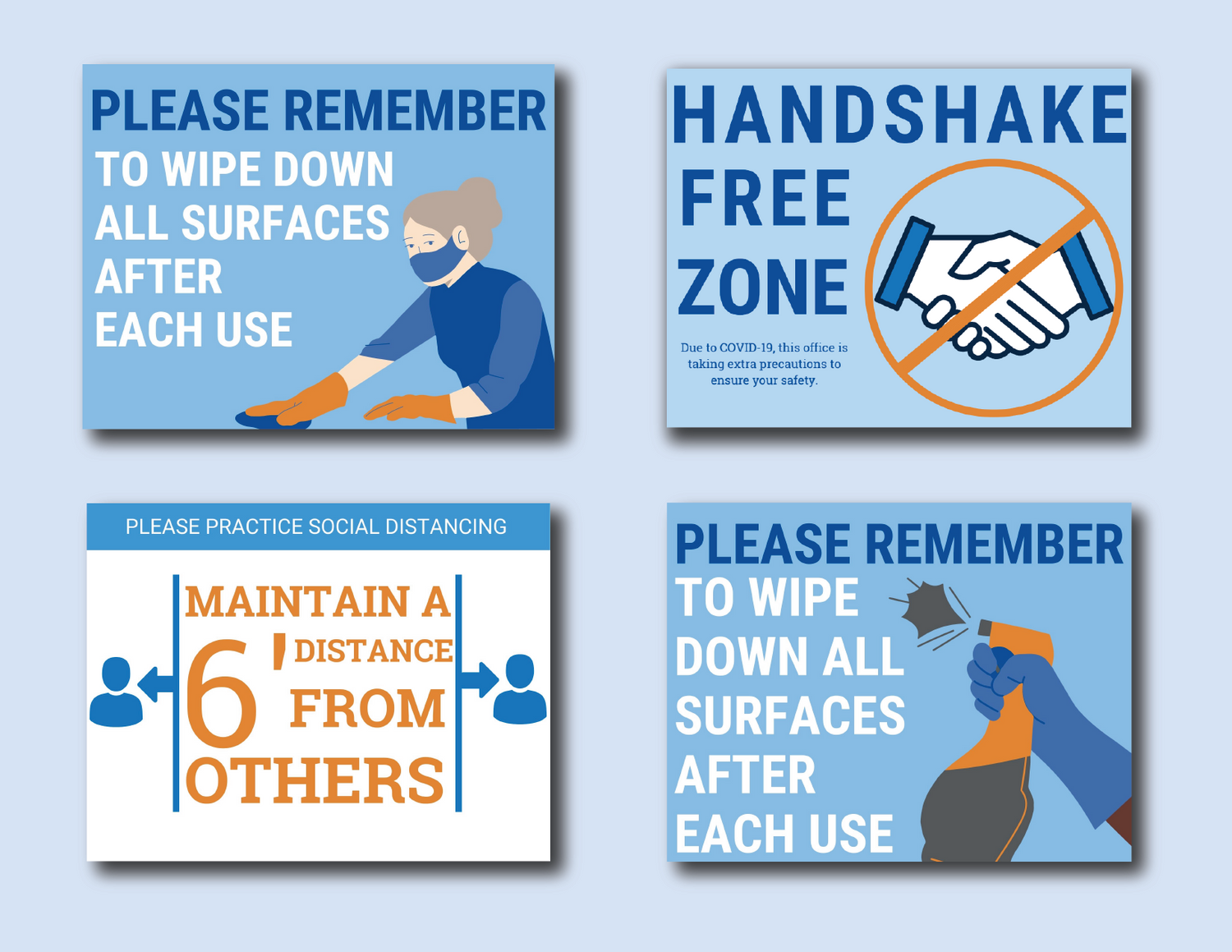 Blue and orange safety signs displaying COVID-19 protocols and hygiene reminders.