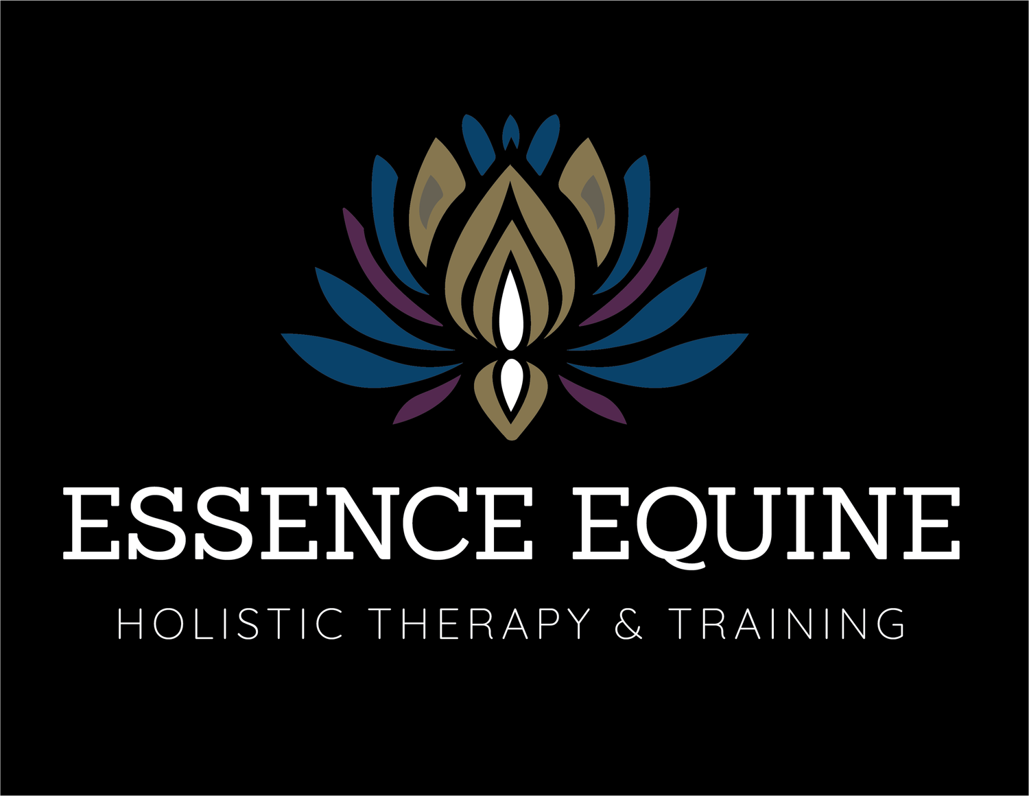 Essence Equine holistic therapy logo series with lotus flower designs in dark elegant style.