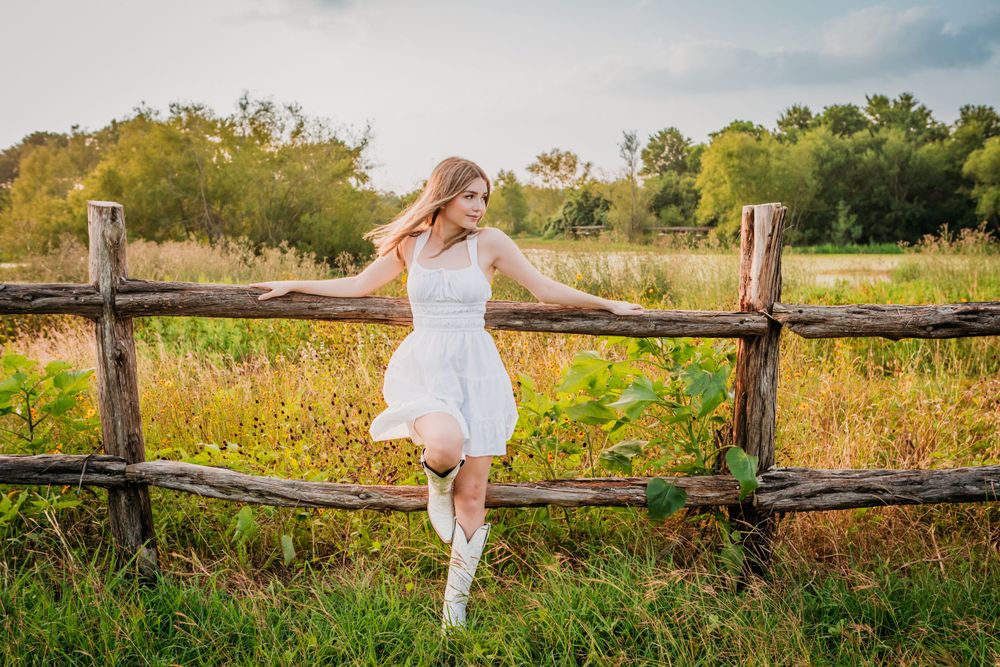 A sundress-clad figure sits atop a rustic wooden fence in a golden sunlit meadow.