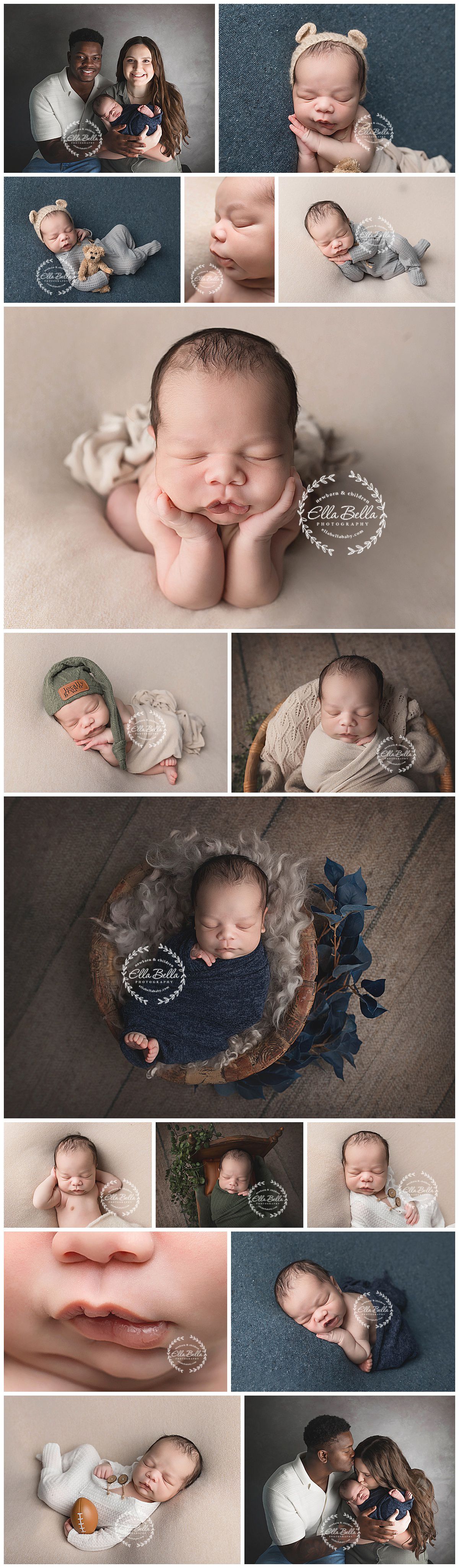 Professional newborn photo collage featuring various poses and studio setups.