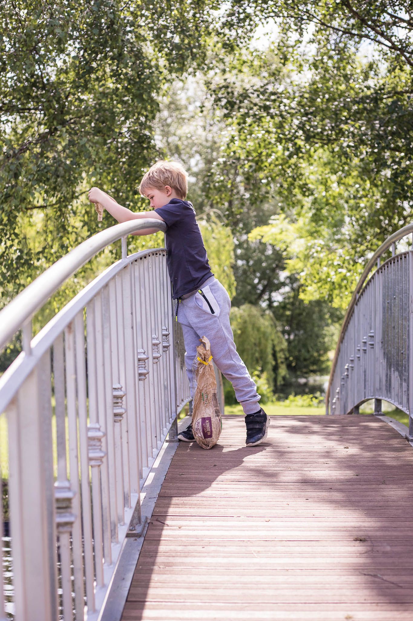 Image of child on a bridge feeding the ducks with greenery in the background