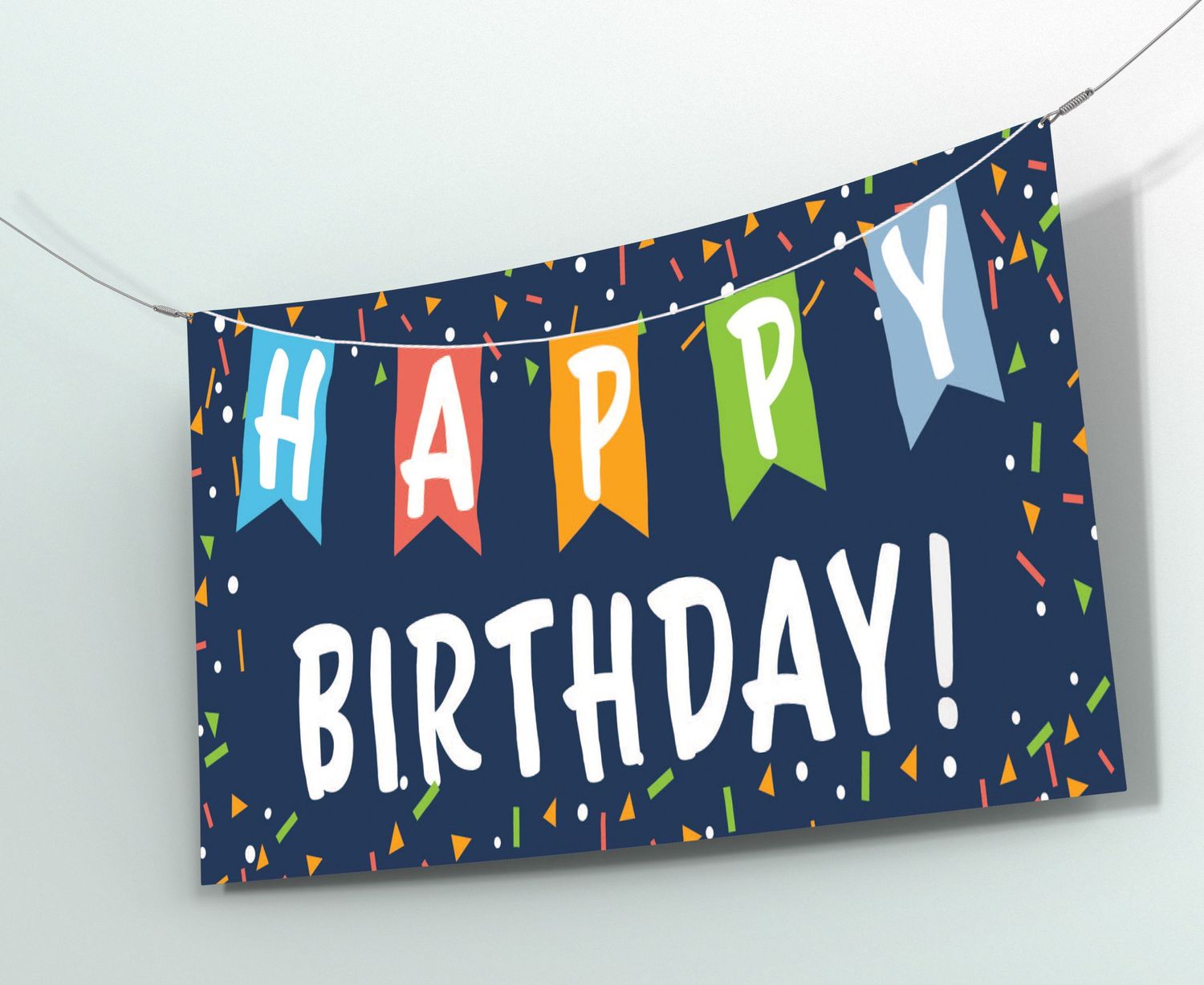 Happy Birthday banner with colorful pennants and confetti on navy blue background.