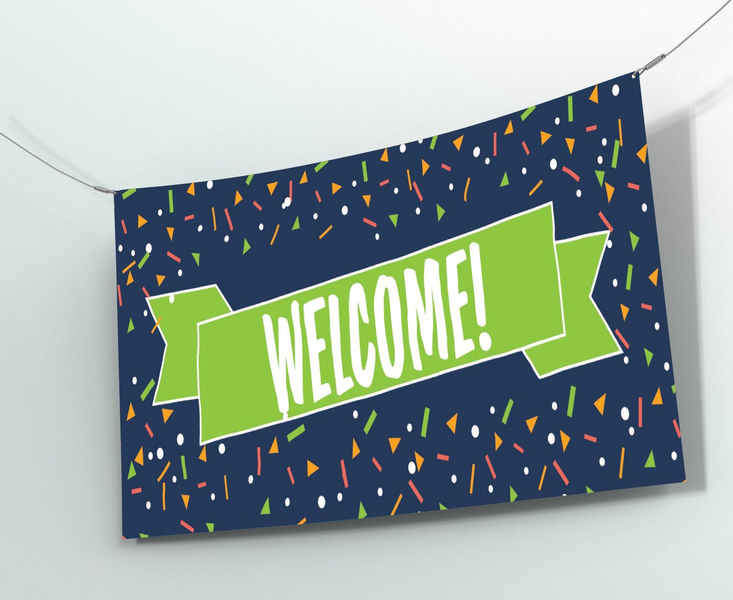 Welcome banner with green ribbon design and colorful confetti pattern on dark blue background.