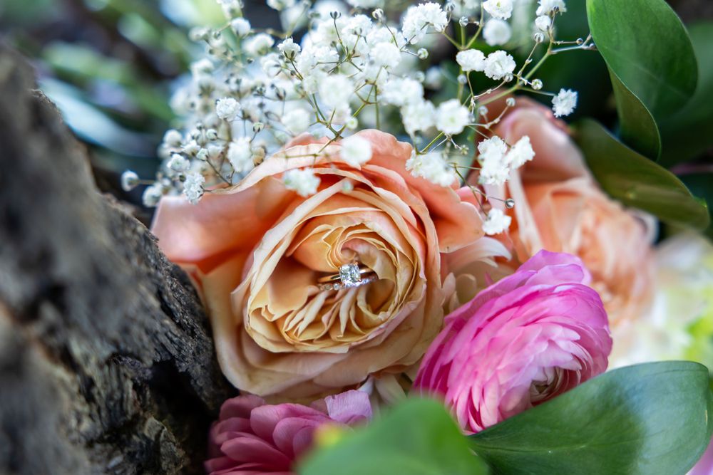Colorado award winning wedding photographer bridal bouquet detail shot roses ring Hillside Gardens Springs true to color