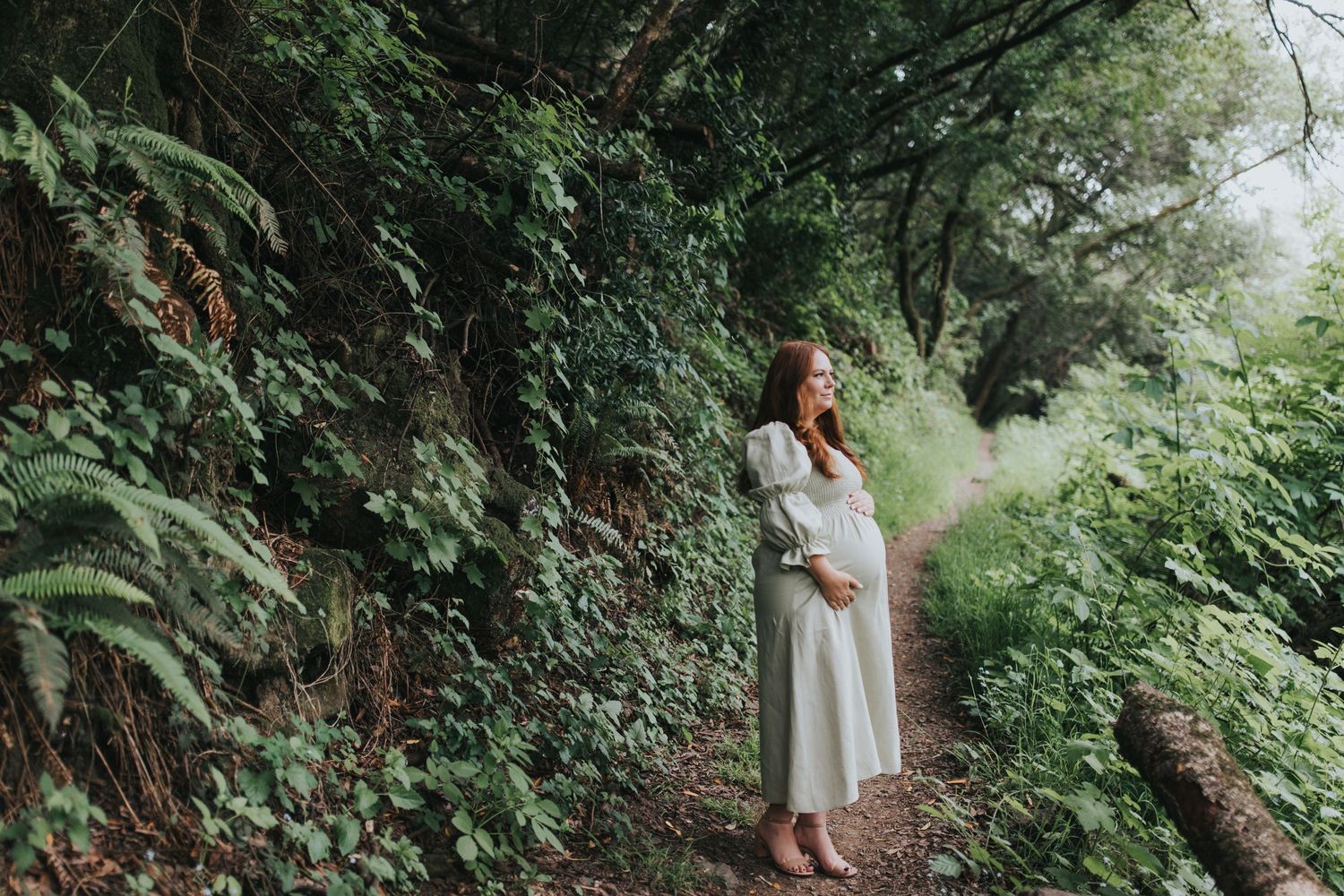 A serene maternity portrait on a forest trail with soft natural lighting and verdant surroundings.