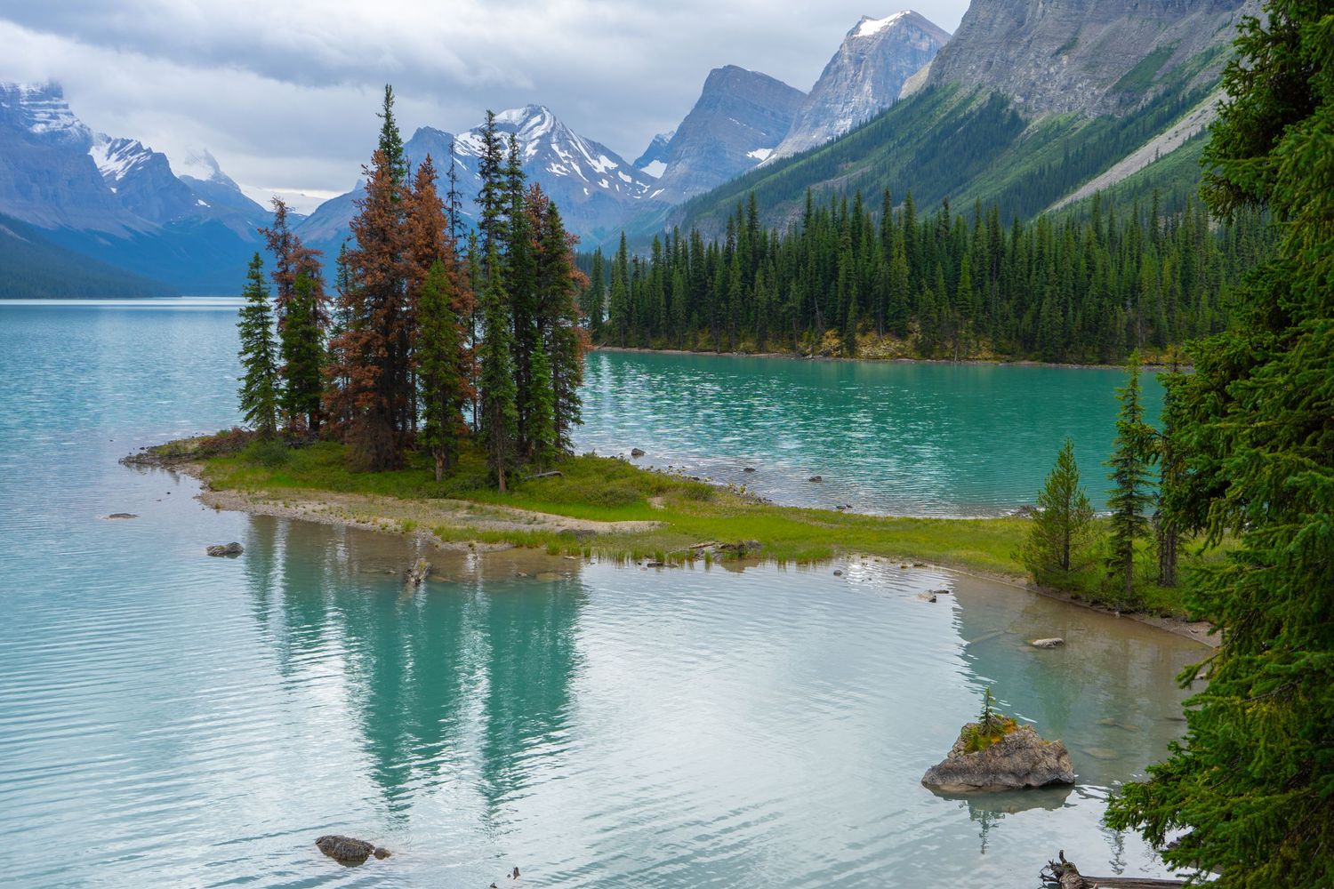Small forested island in turquoise alpine lake surrounded by dramatic mountain peaks.