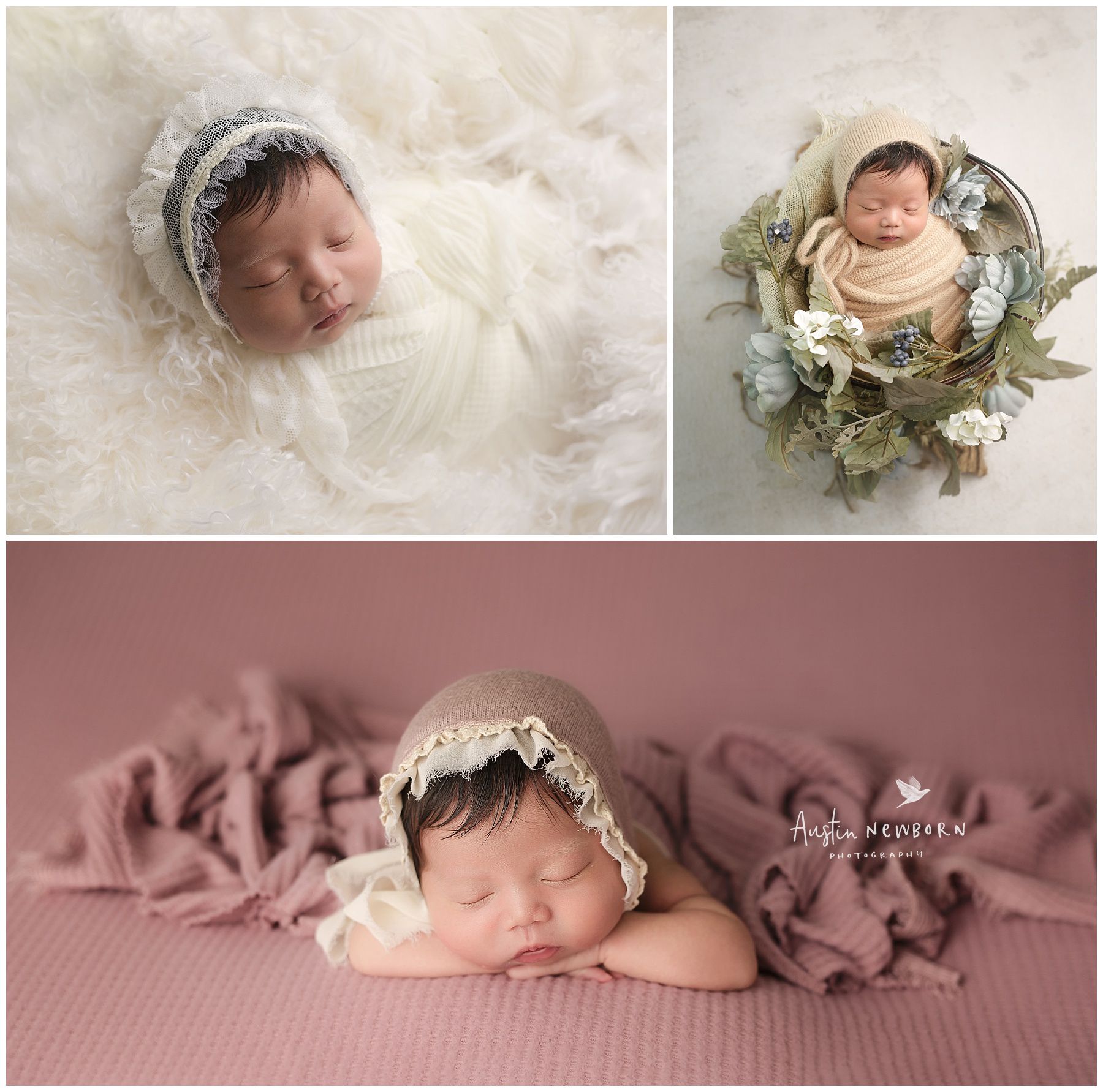 Collage of newborn portraits featuring three poses: chin on hands swaddled on fur, swaddled in bucket draped with flowers Austin Newborn
