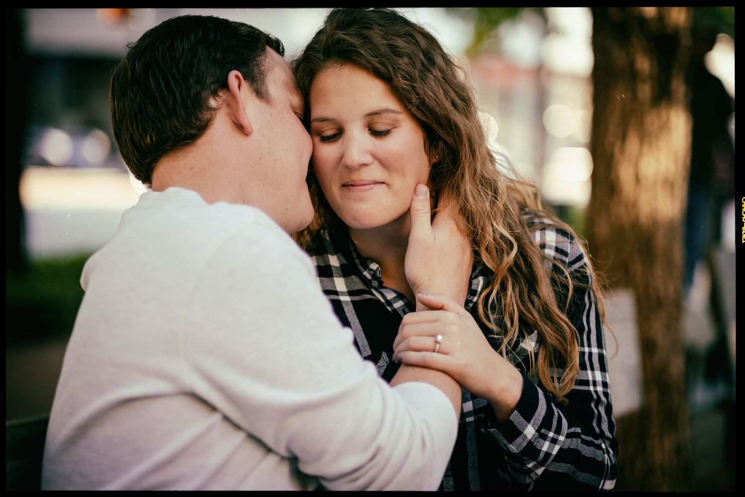 Couple hugging for engagement photo in Ft Worth, Texas