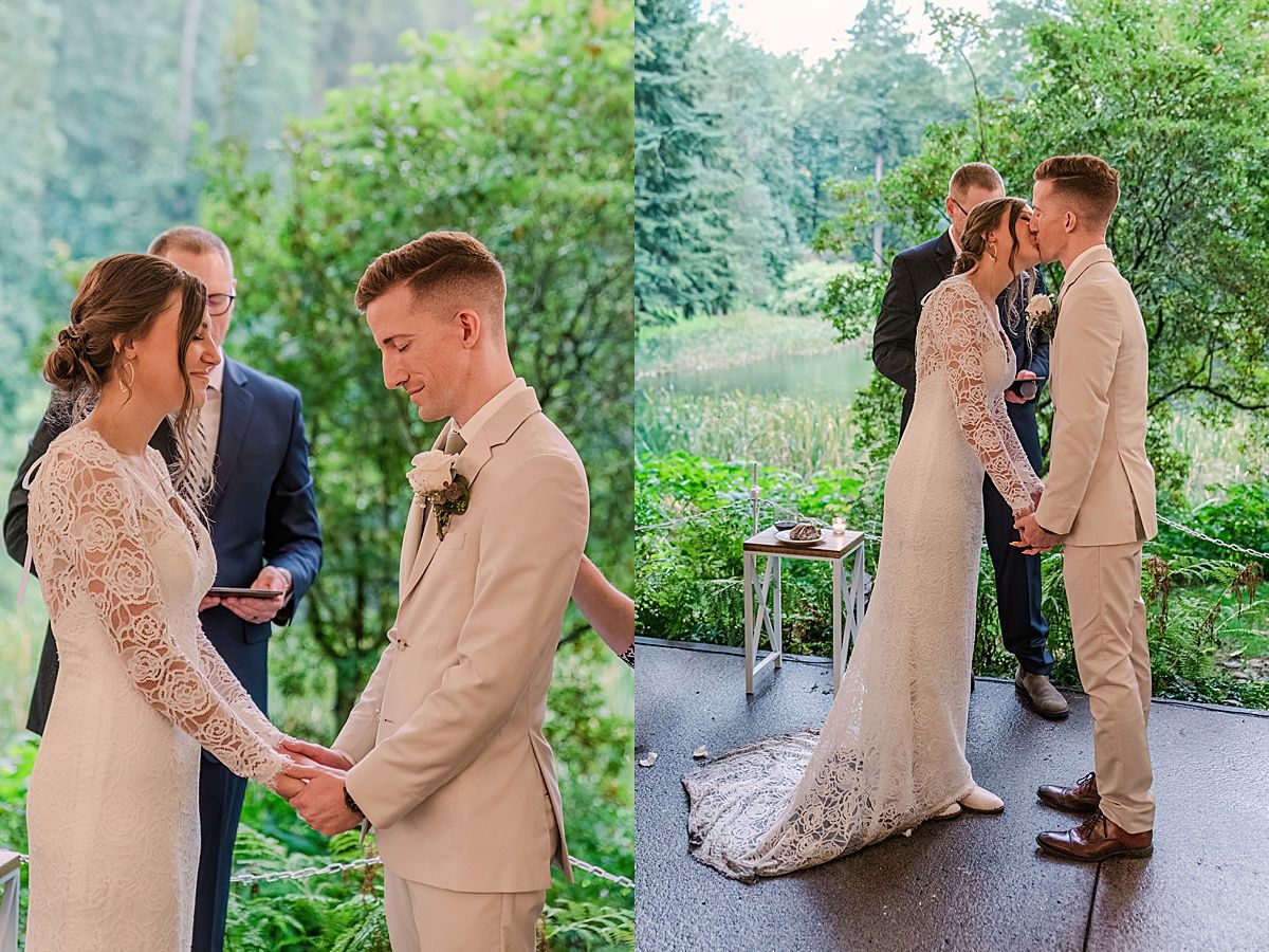 Couple prays and shares first kiss during wedding ceremony photographed by Indianapolis Indiana wedding photographer