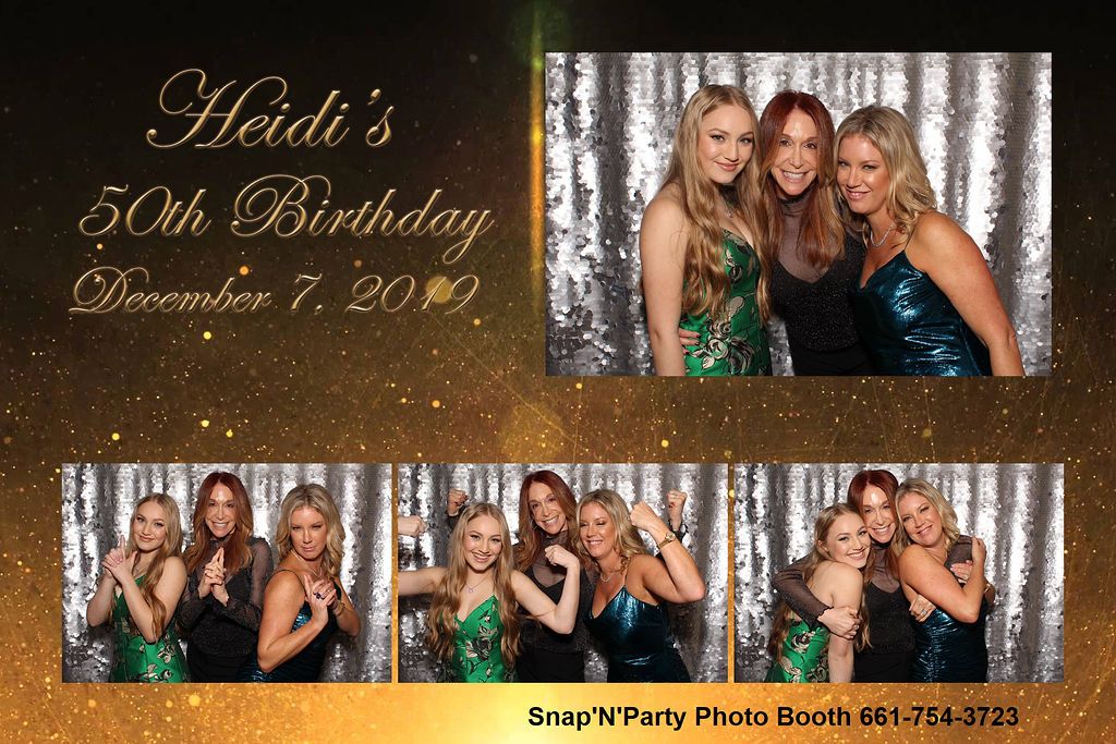 Photo booth strip showing multiple party photos with shimming gold design and text reading 'Heidi's 50th Birthday' at the top.