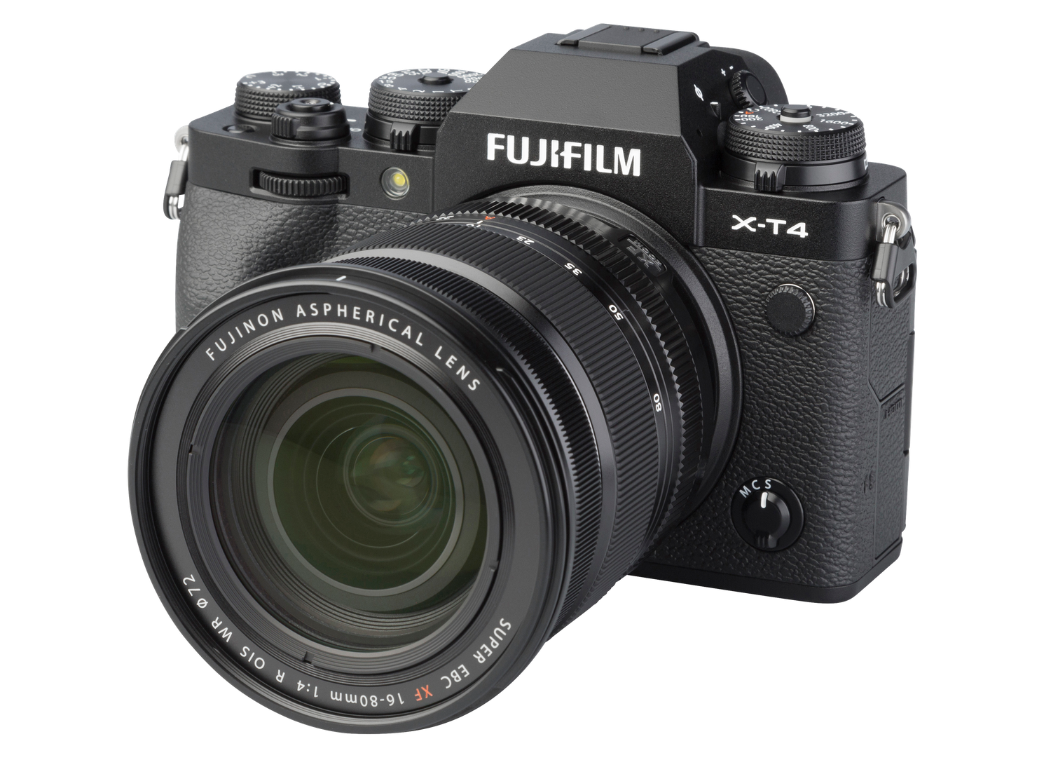 Black Fujifilm X-T4 mirrorless camera with zoom lens against white background.