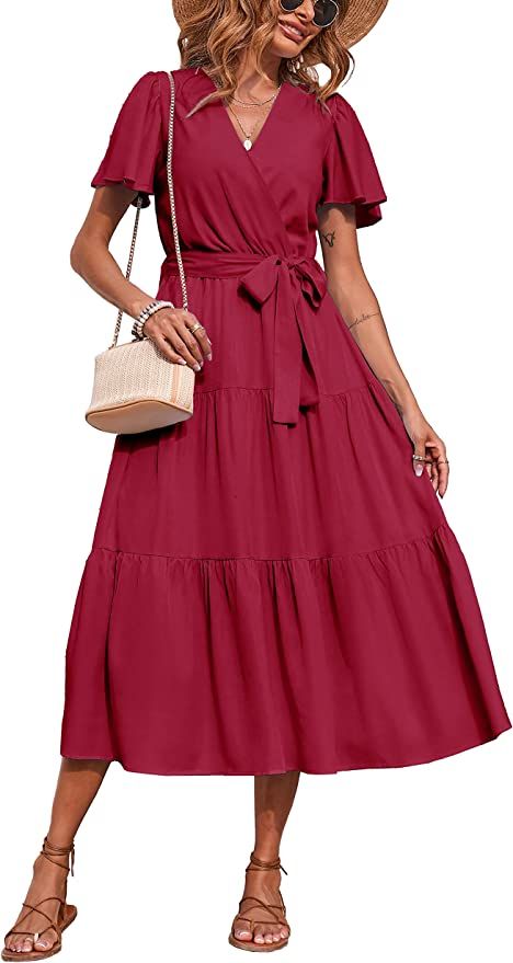 Summer Wrap V Neck Ruffle Sleeve Tiered Midi Dress Tie Waist A Line Long Beach Dress