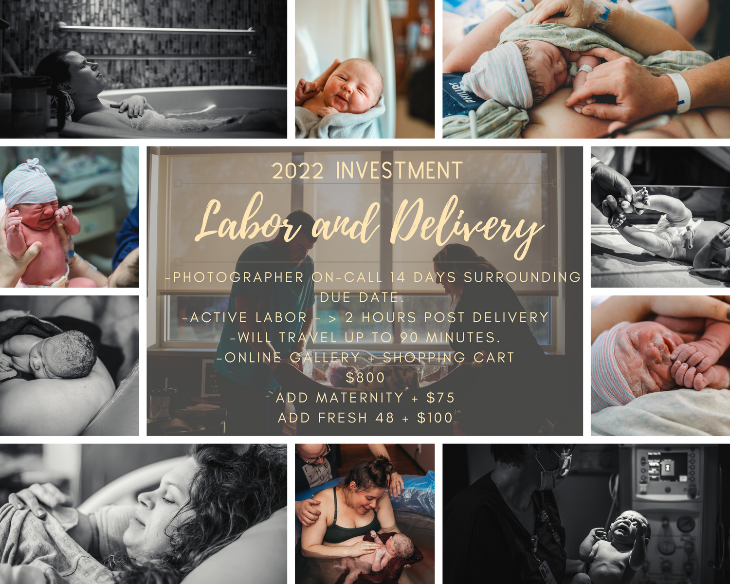 Birth photography pricing advertisement showcasing professional labor and delivery photo services.