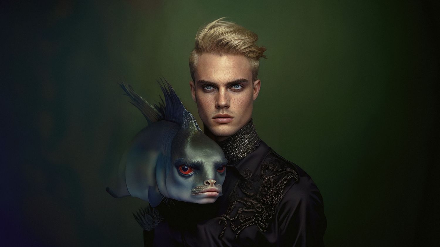Dark fashion portrait with decorative mask and ornate black clothing.